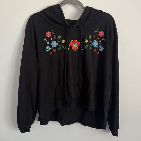 Disney Embroidered Floral Hidden Mickey Black Cropped Hoodie-Women’s Size XL - Picture 1 of 6